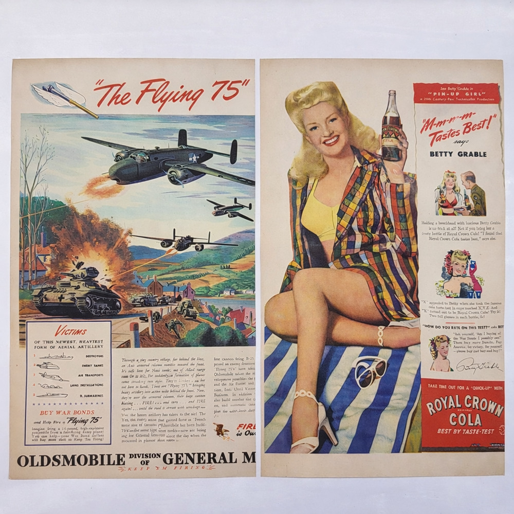 Vtg 50s Magazine Ad Oldsmobile Flying 75 & Betty Grable Royal Crown Cola 2-Sided